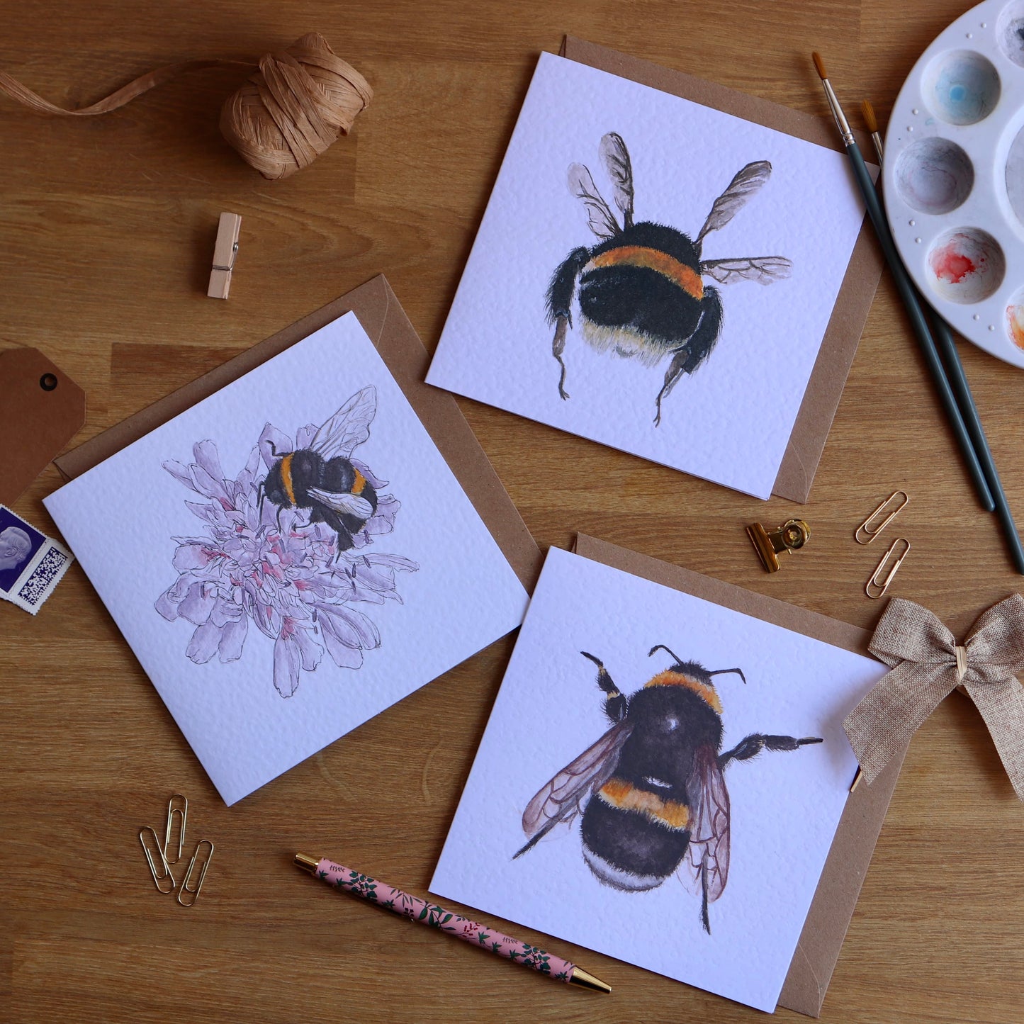 Selection of greeting cards with illustrations of bumble bees.