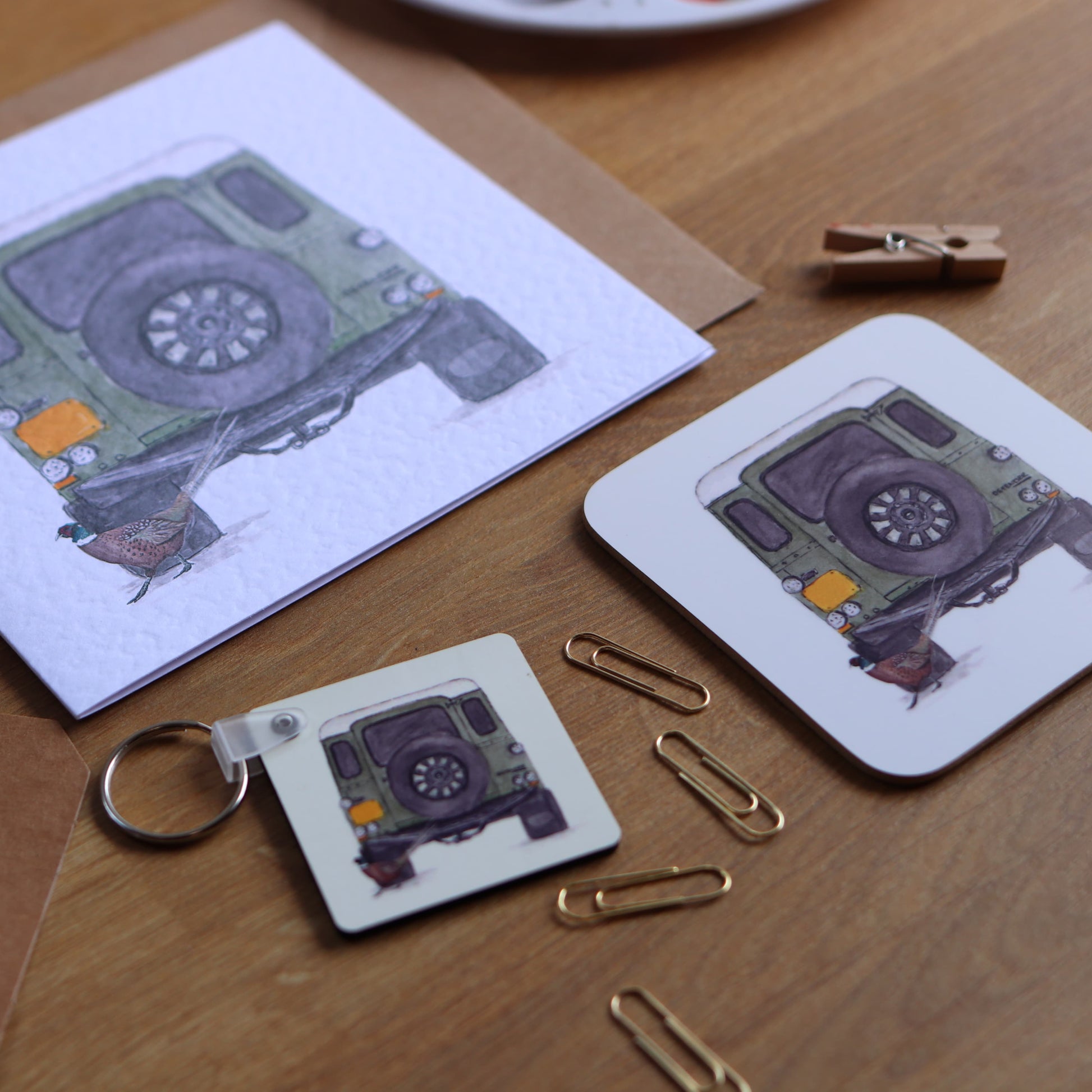 Coaster, keyring and greeting card with Defender illustration.