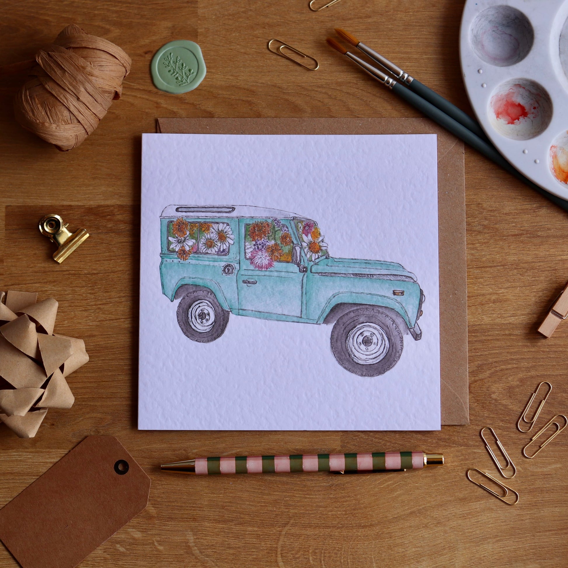 Greeting card with illustration of defender full of flowers
