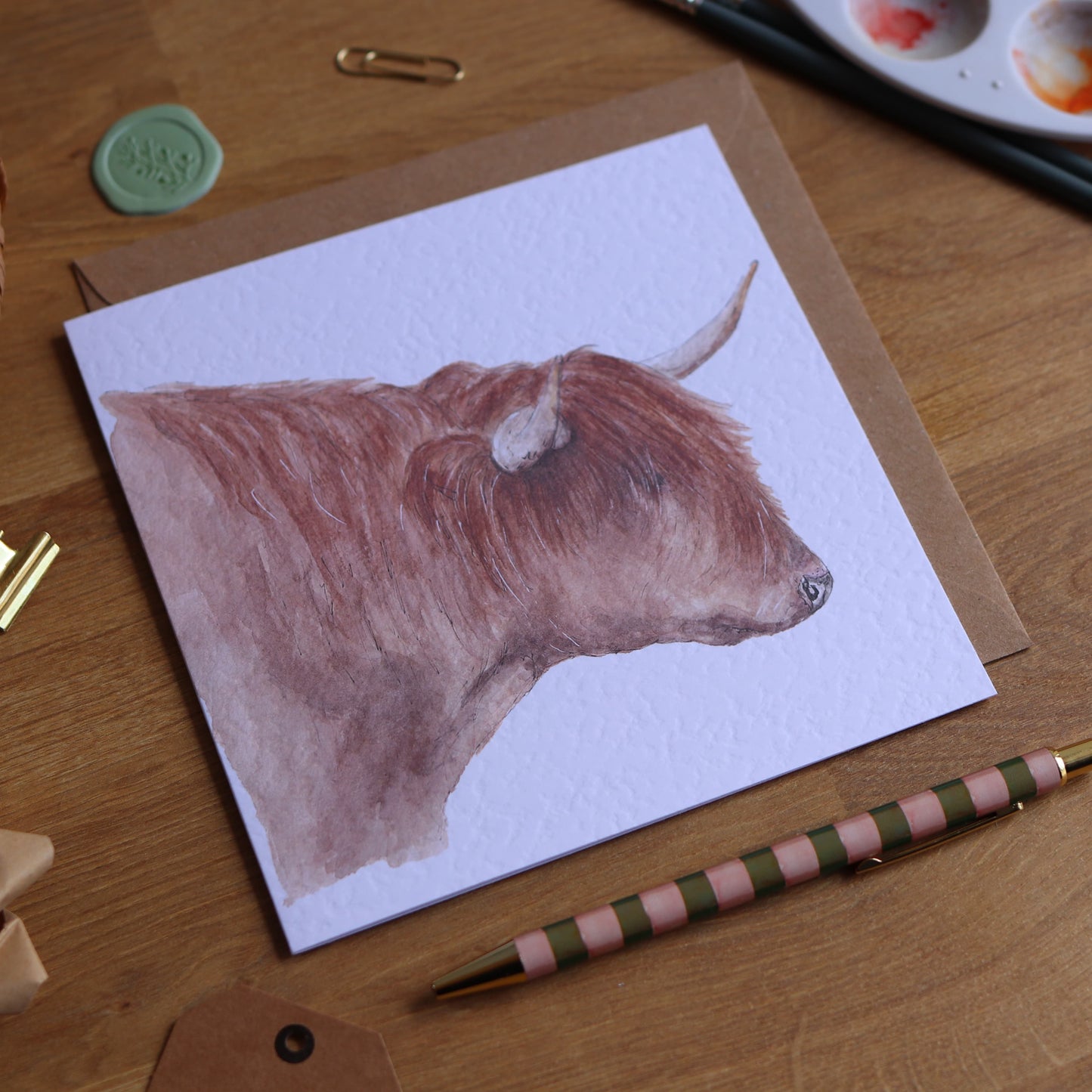 Greeting card with illustration of Highland cow