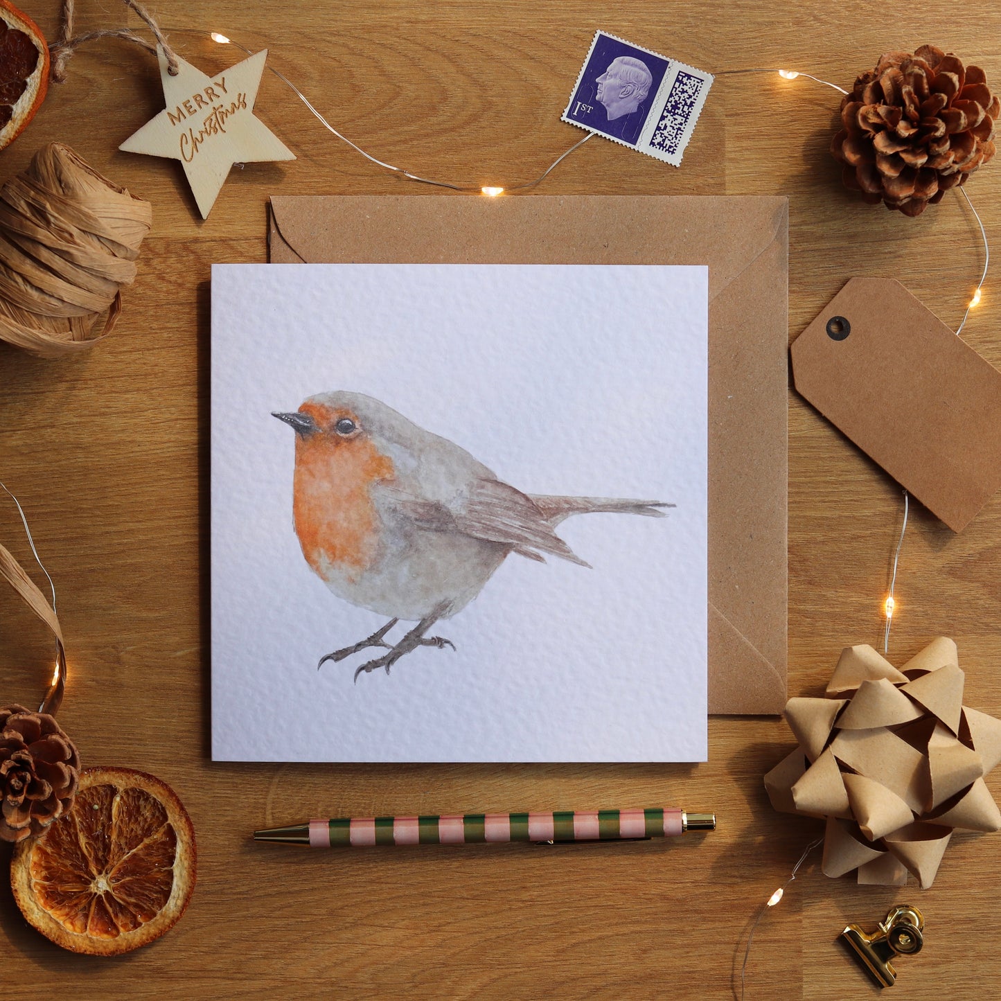 Christmas card with illustration of a robin