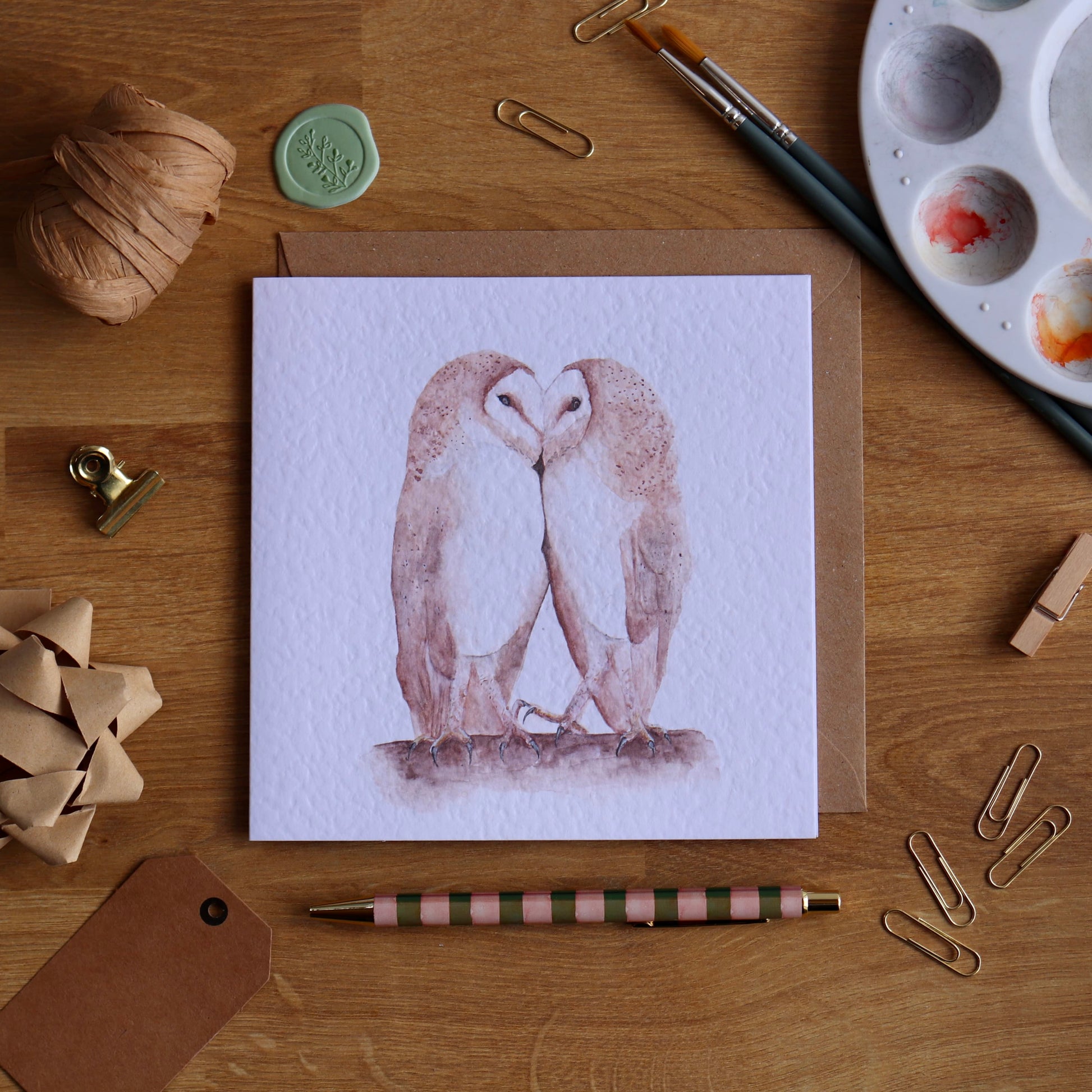Greeting card with illustration of barn owls