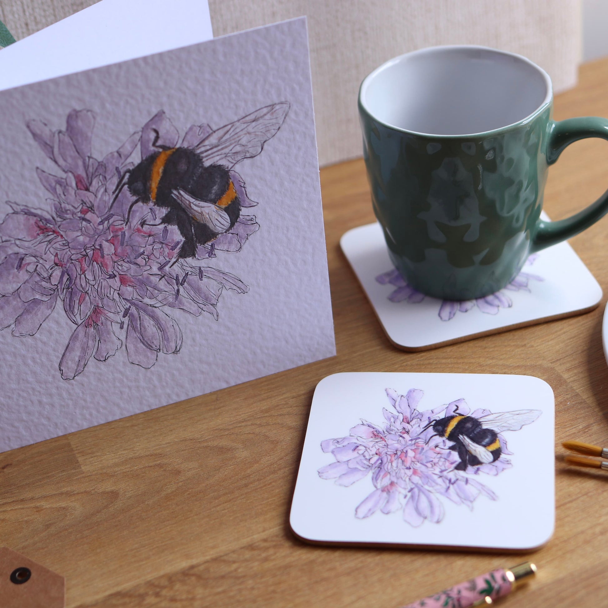 Greeting card and coaster with illustration of bee on a flower