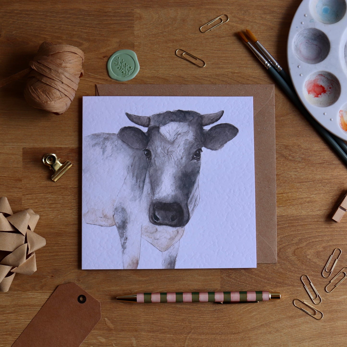 greeting card with illustration of blue albion cow