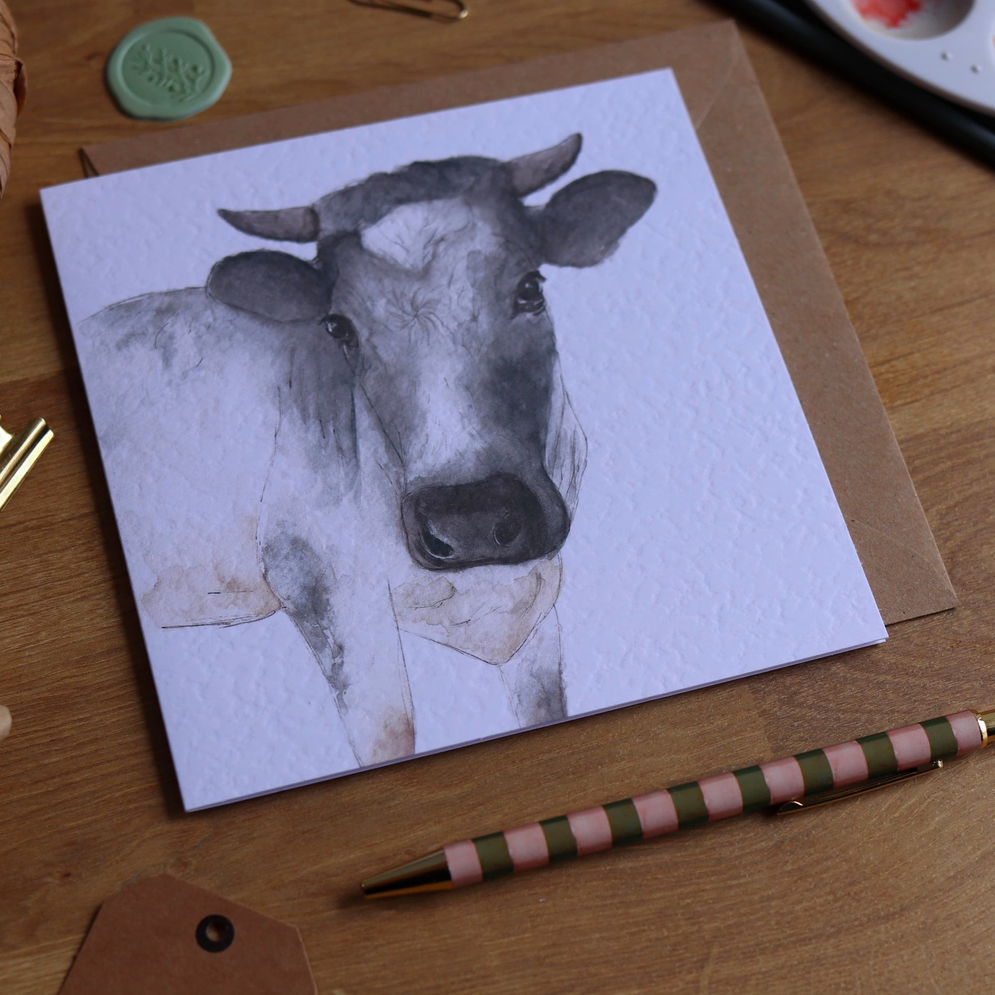 greeting card with illustration of Blue Albion cow