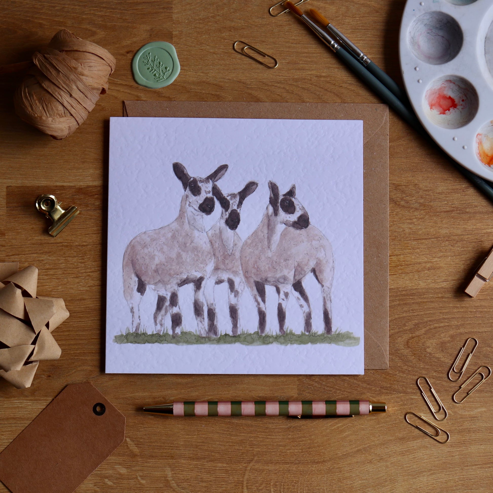 Greeting card with illustration of 3 blue Leicester sheep