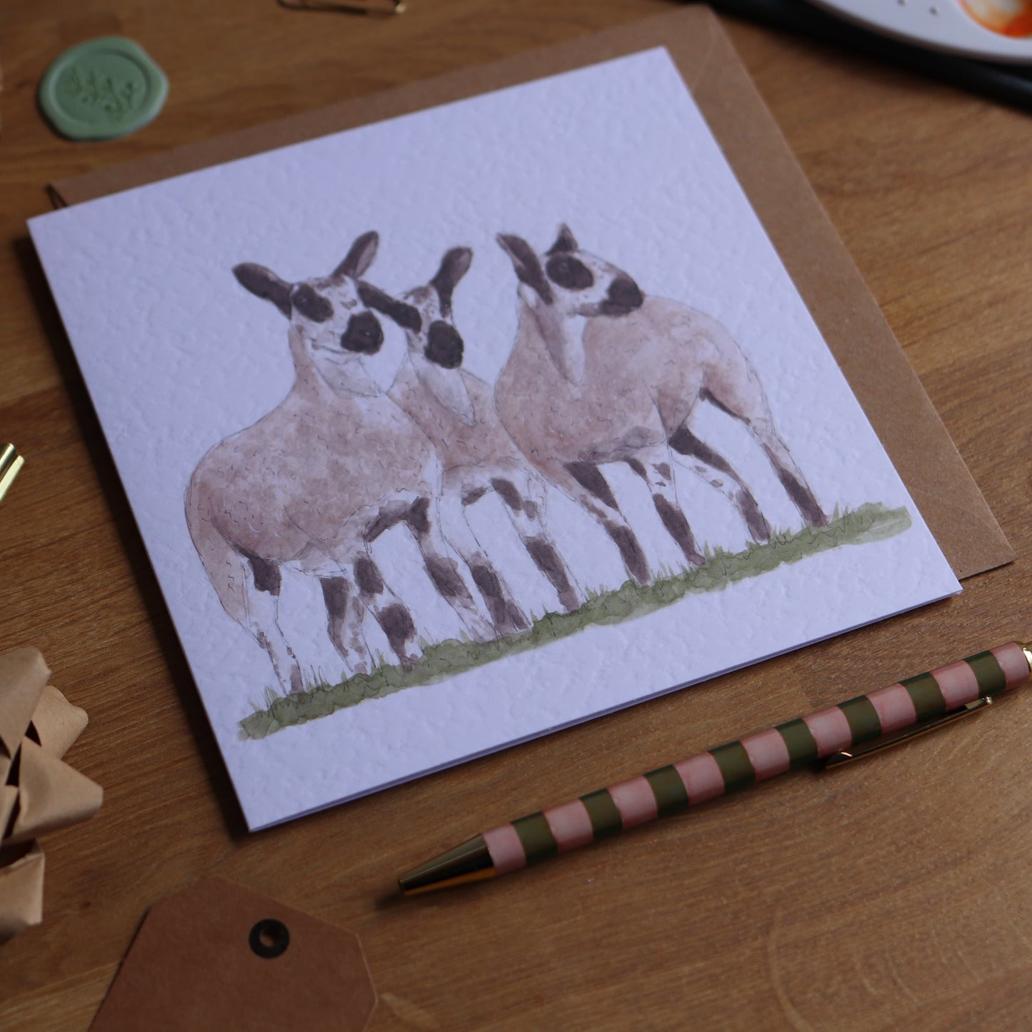 Greeting card with illustration of 3 blue Leicester sheep