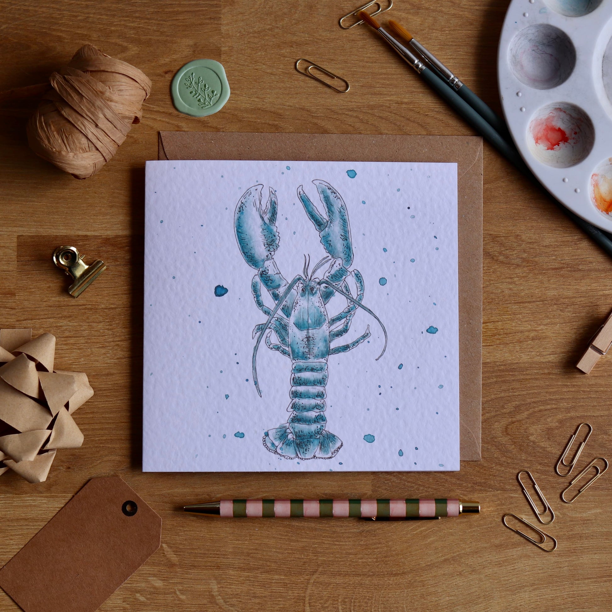 Greeting card with illustration of blue lobster