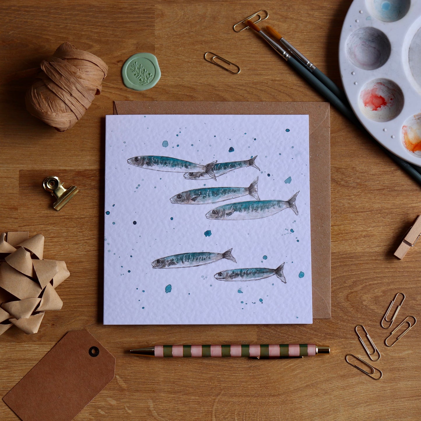 Greeting card with illustration of shoal of mackerel