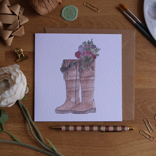 Greeting card with illustration of country boots