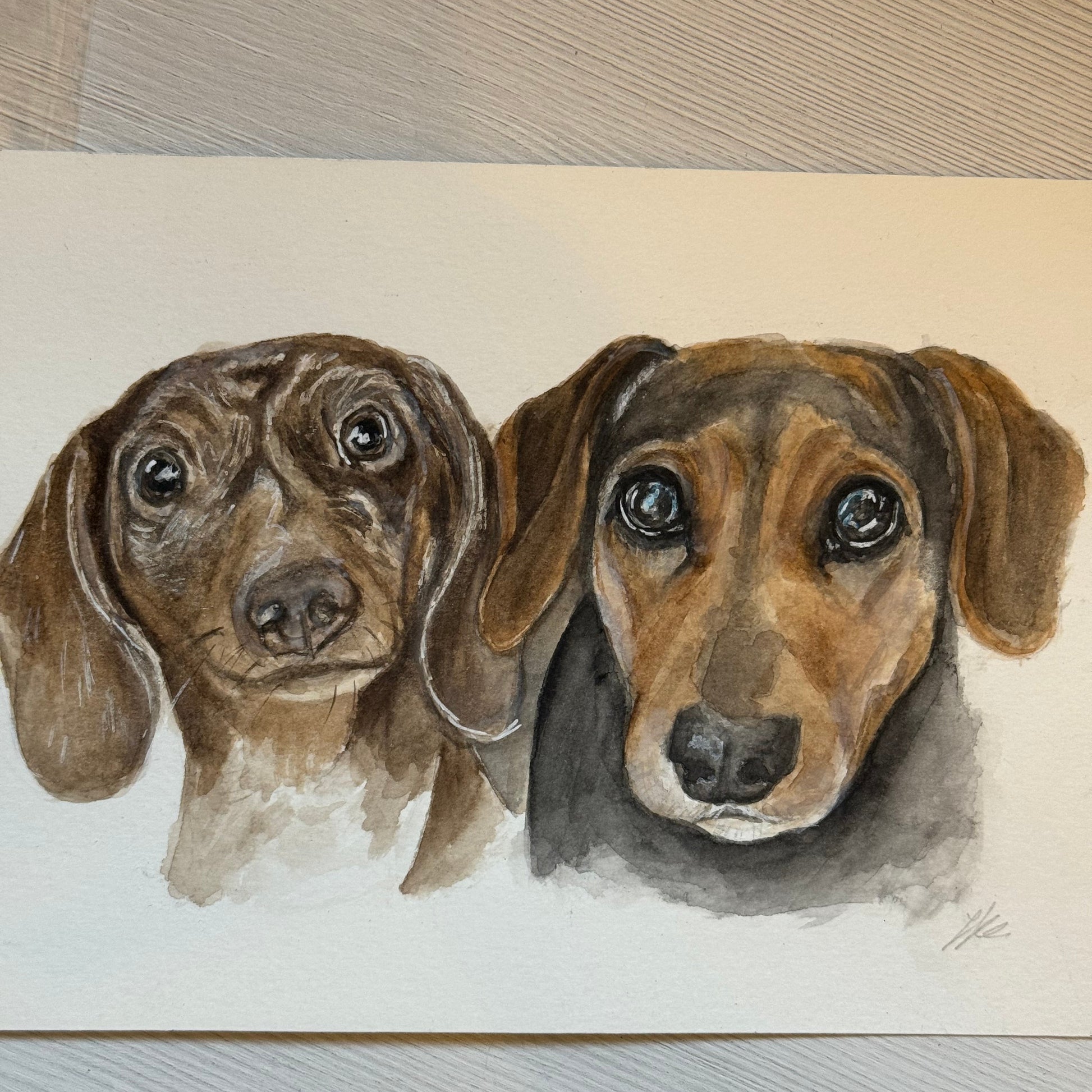 Original watercolour painting of two Dachshund dogs