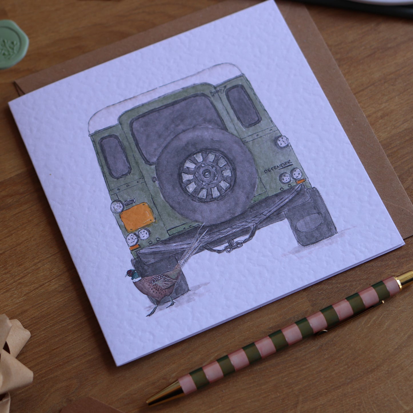 Greeting card with illustration of Defender and pheasant