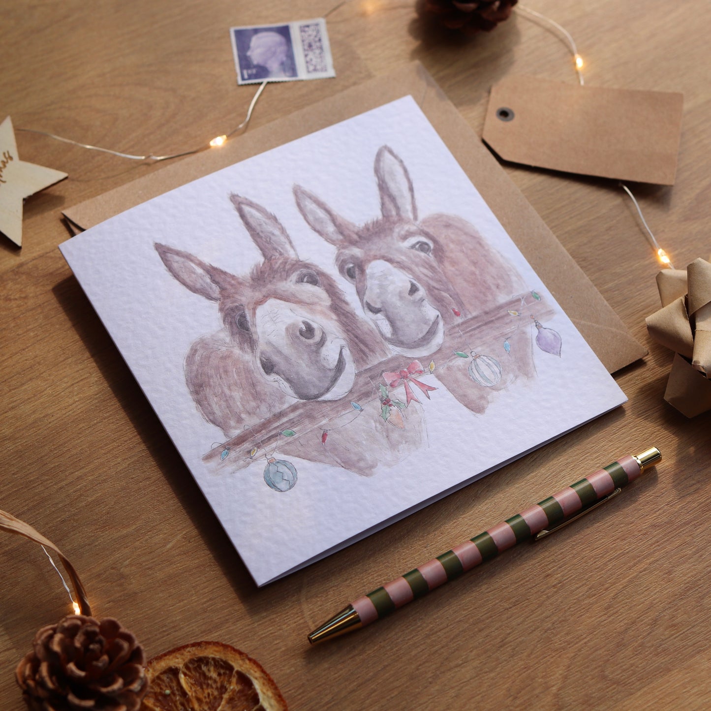 Christmas card with Christmas donkeys illustrations