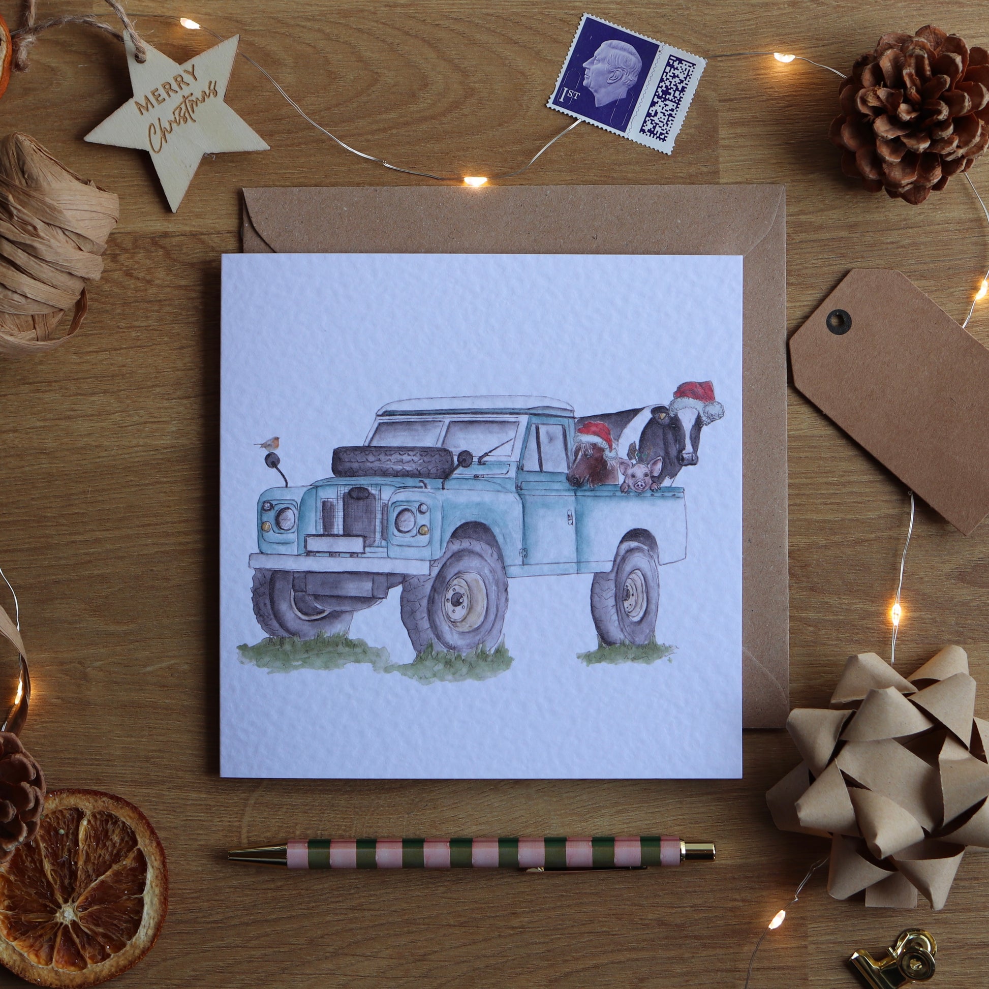 Christmas card with illustration of festive farm defender