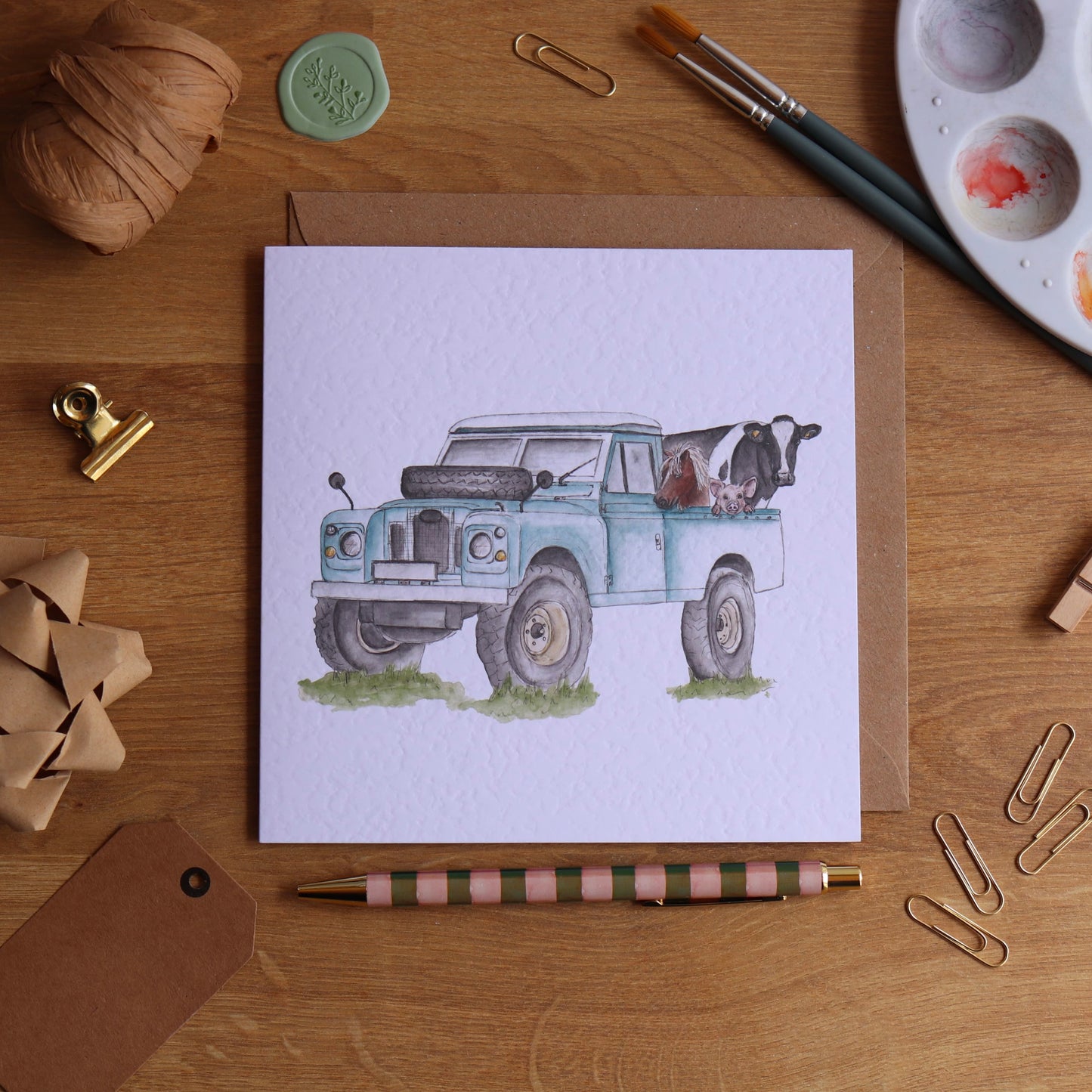 Greeting card with illustration of farmyard defender