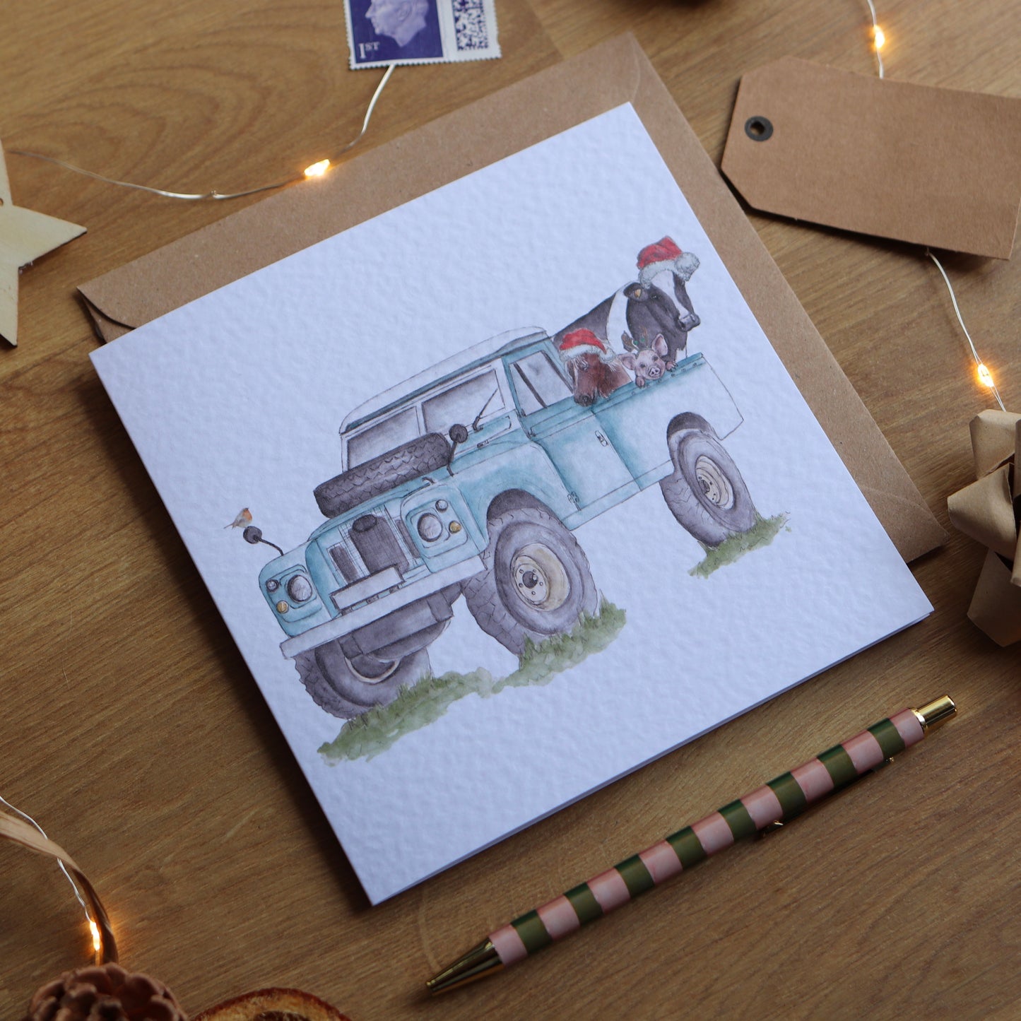 Christmas card with illustration of festive farm defender