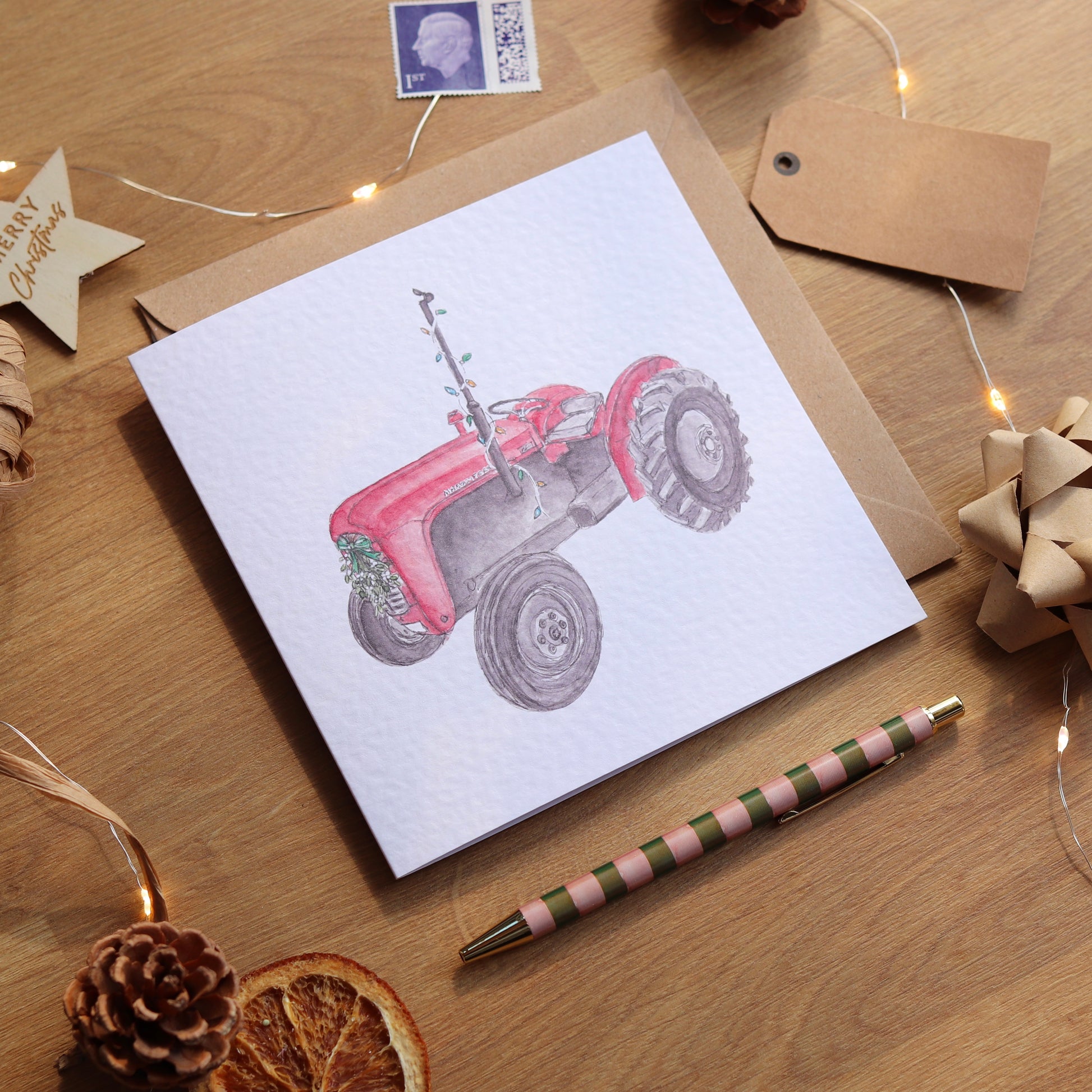 Christmas card with illustration of vintage festive tractor