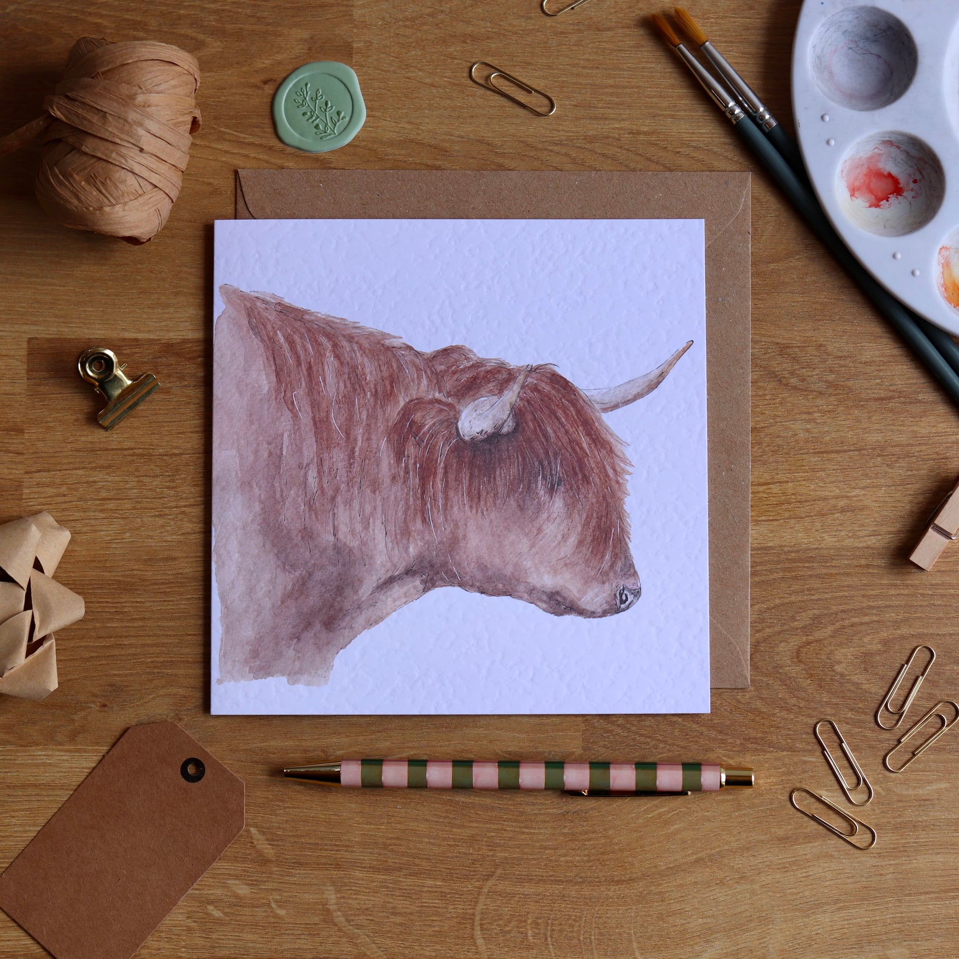 Greeting card with illustration of Highland cow