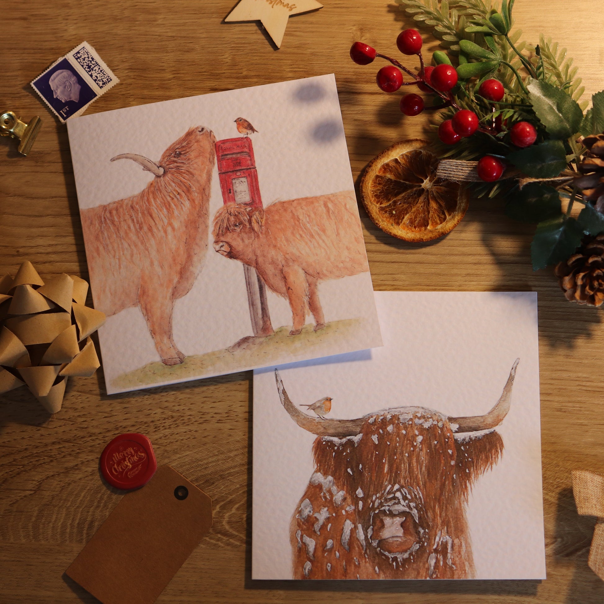 Christmas card with illustration of highland cows