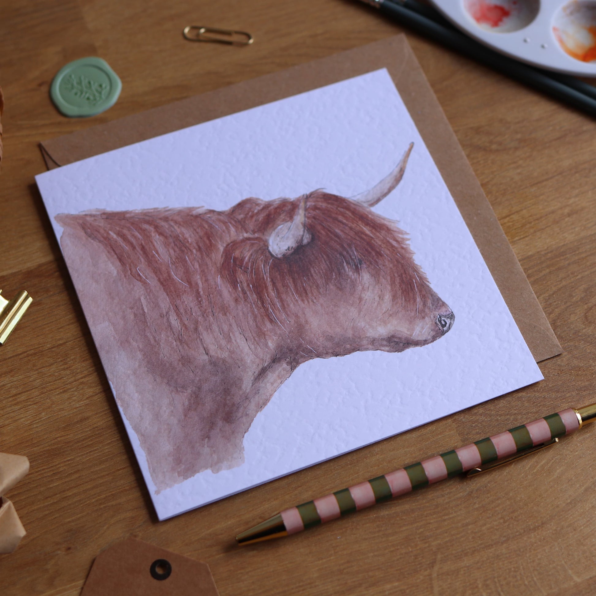 Greeting card with illustration of Highland cow