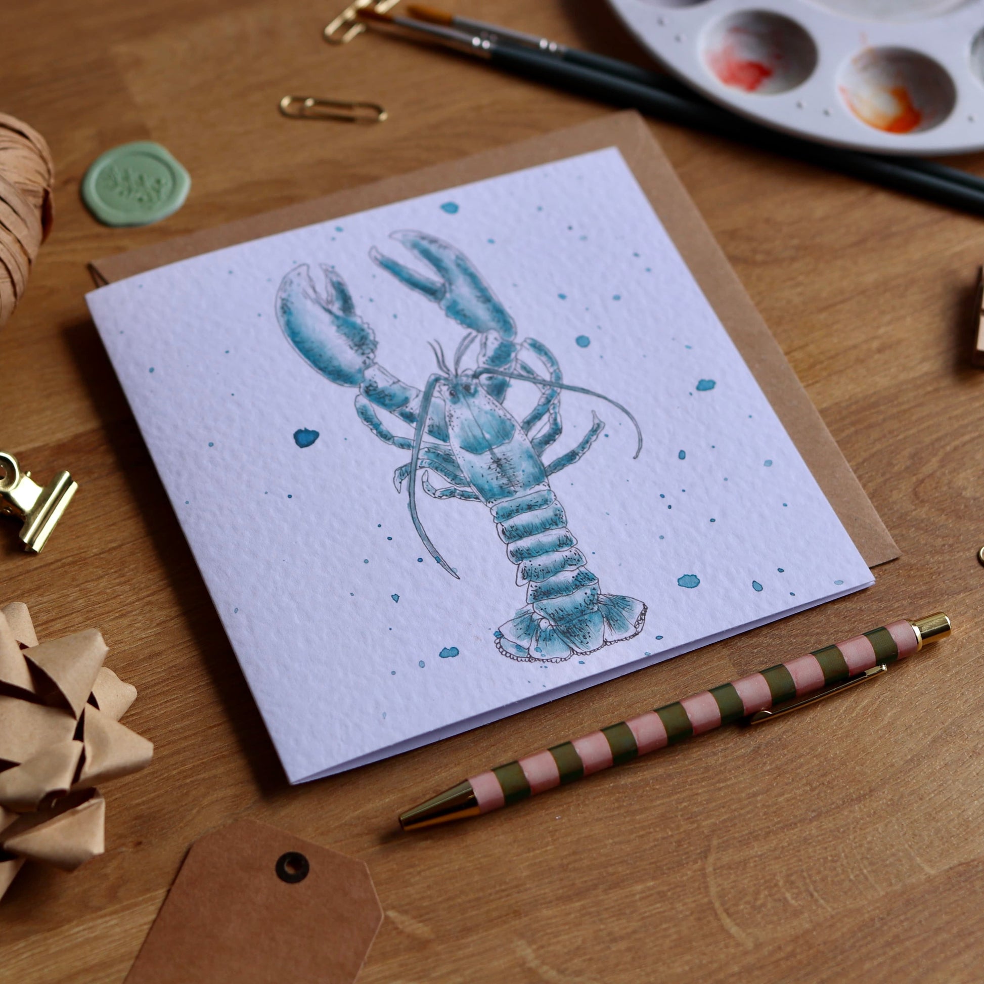 Greeting card with illustration of blue lobster