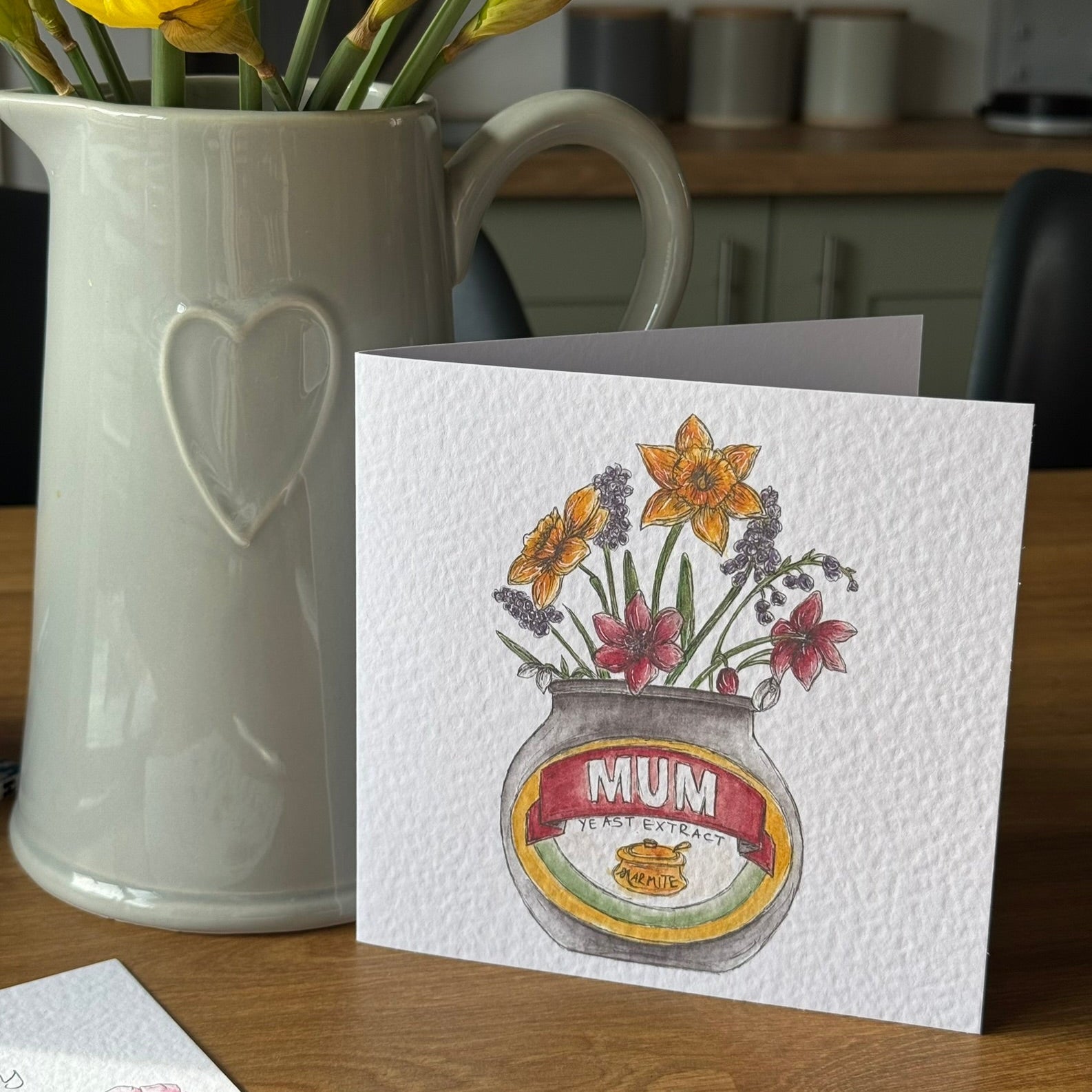 Greeting card with illustration of flowers in a marmite jar