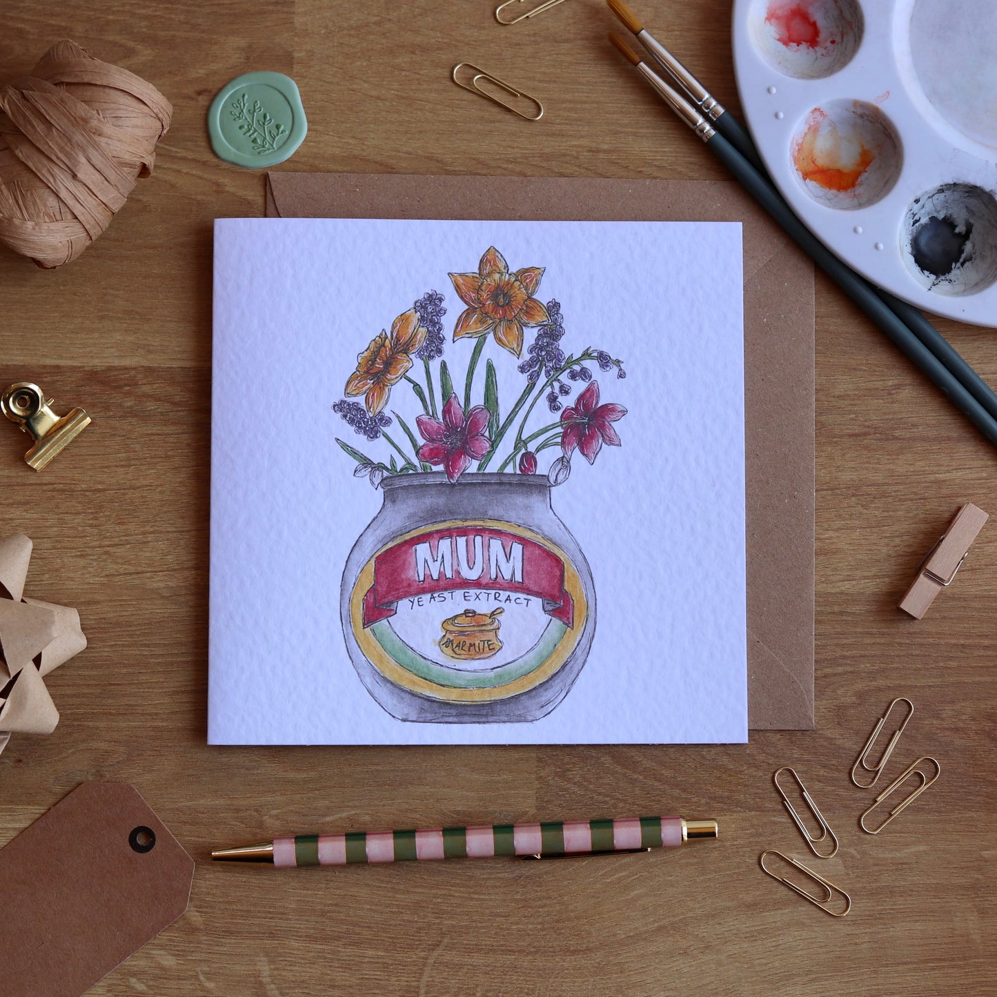 Greeting card with illustration of flowers in a marmite jar