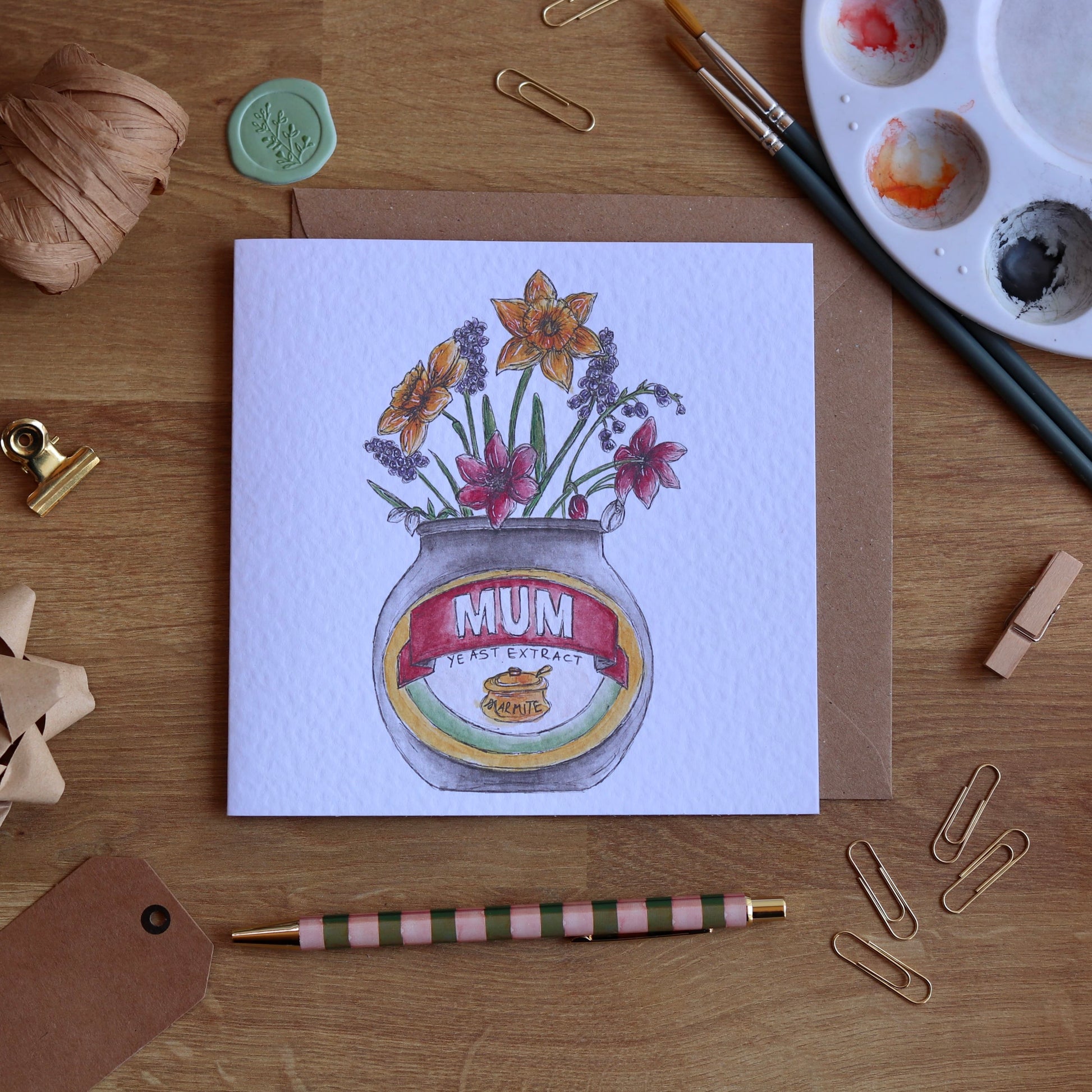 Greeting card with illustration of flowers in a marmite jar