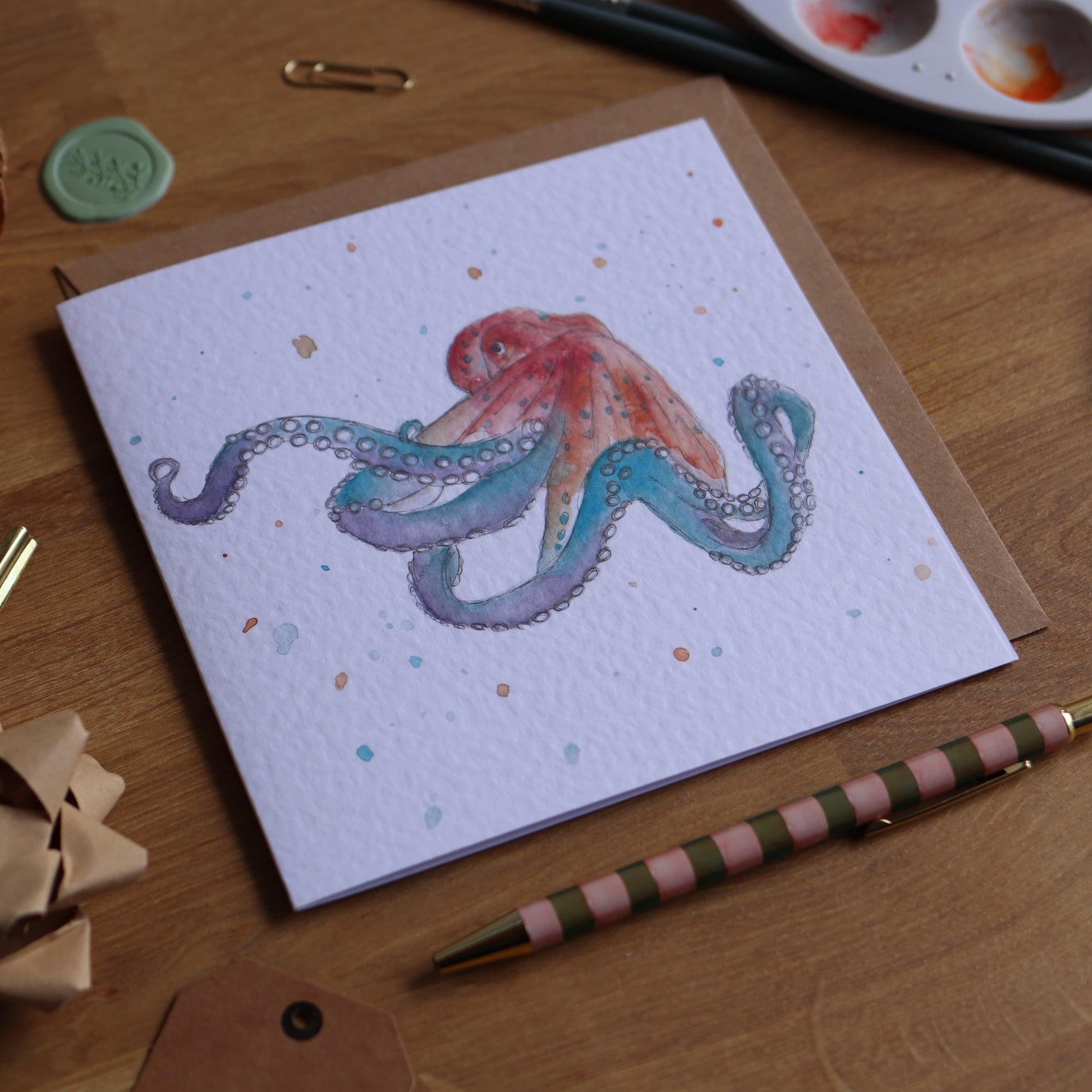Greeting card with a colourful illustration of a octopus