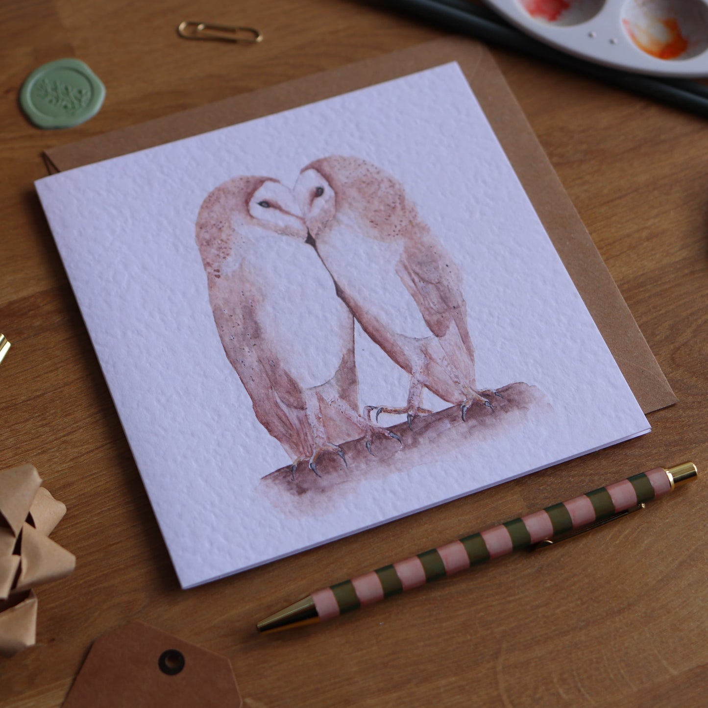 Greeting card with illustration of two barn owls