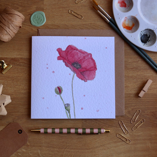 Greeting card with illustration of red poppy and watercolour splashes