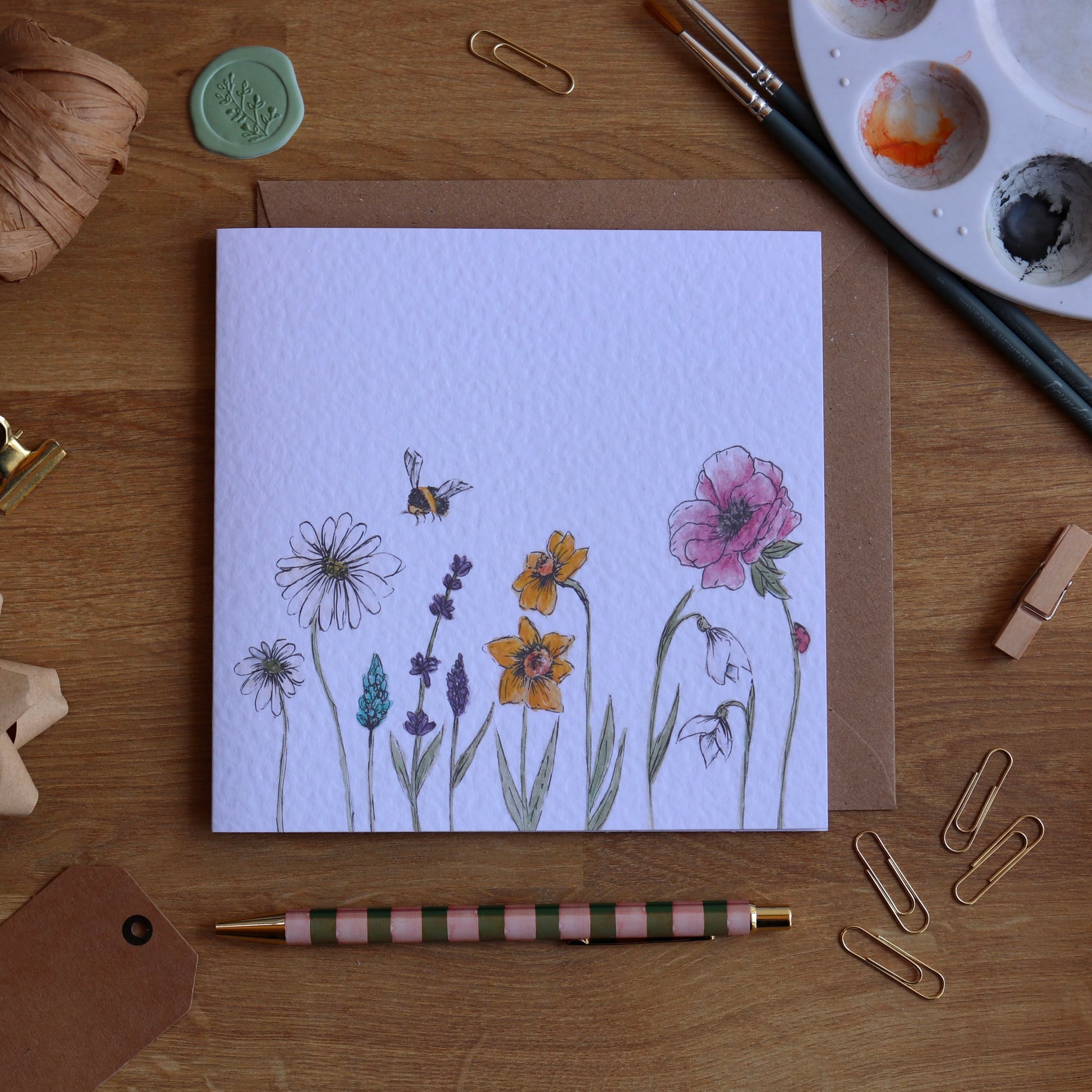 Greeting card with illustration of colourful spring flowers
