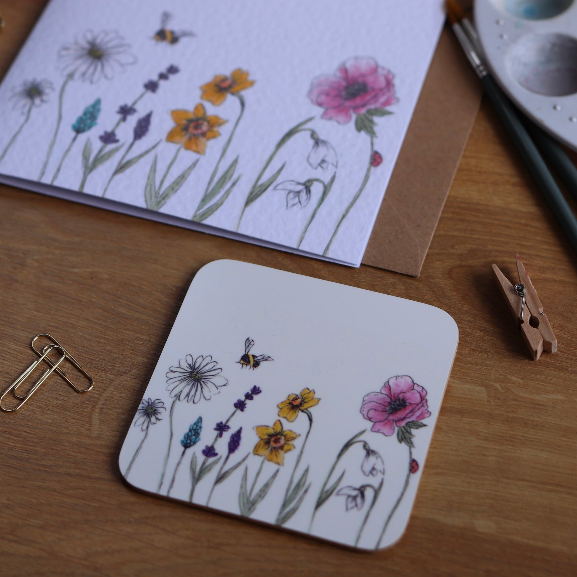 Greeting card with illustration of spring flowers