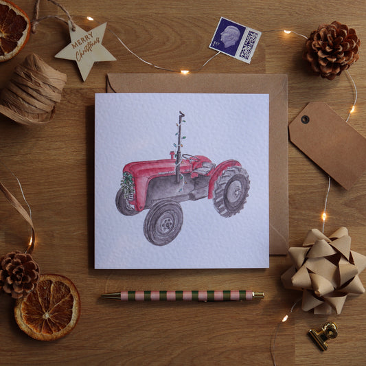 Christmas card with illustration of vintage tractor