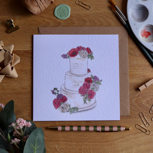 Greeting card with illustration of wedding cake