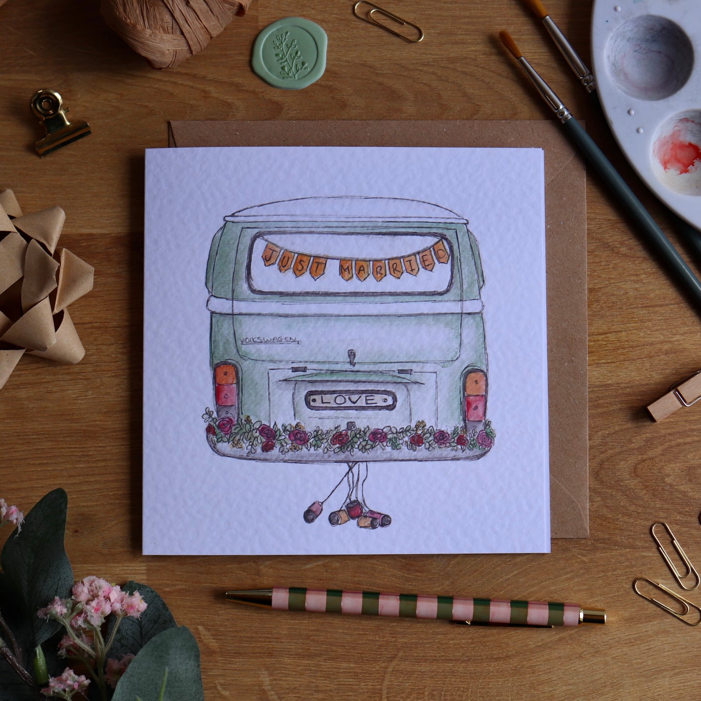 Greeting card with illustration of wedding camper van