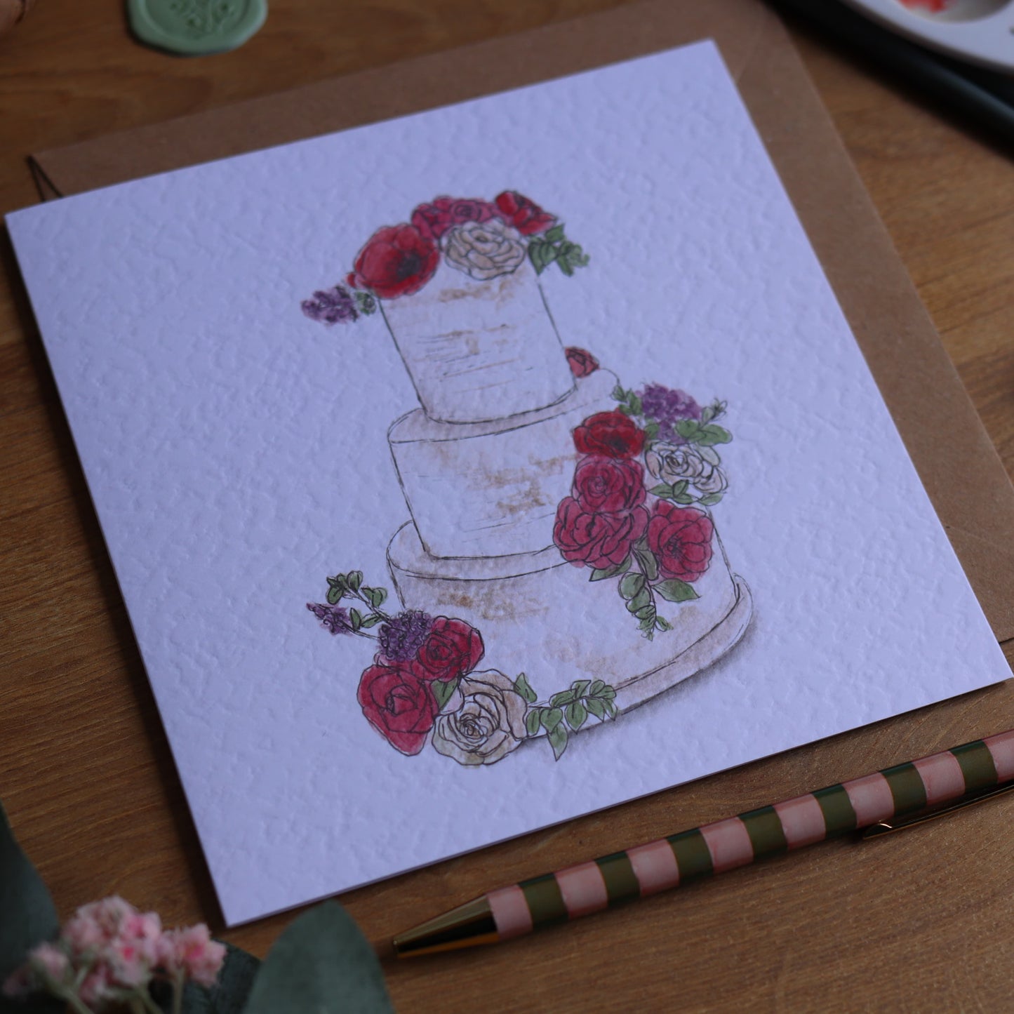 Greeting card with rustic wedding cake