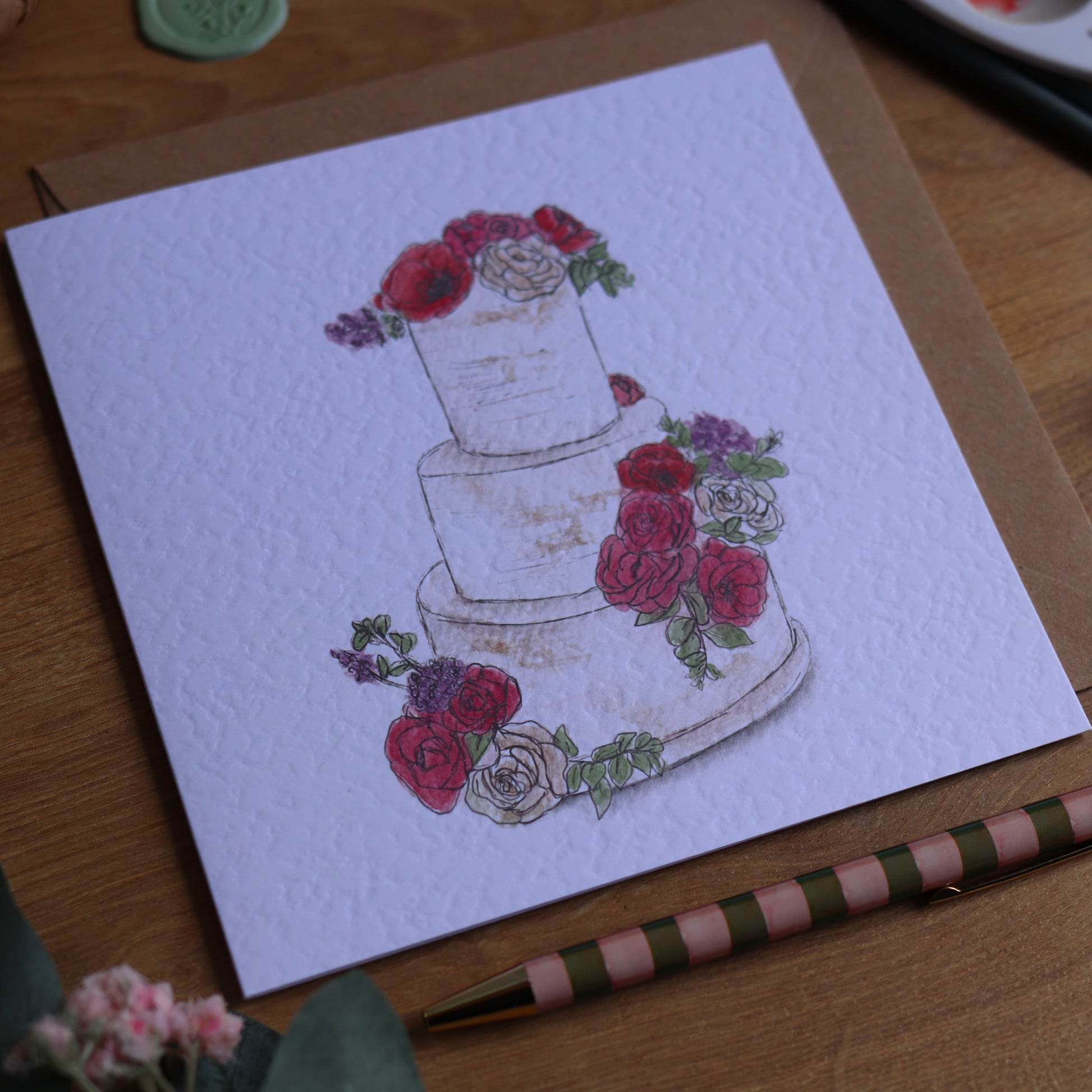 Greeting card with rustic wedding cake